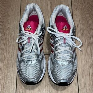 EUC - Adidas adiPRENE Silver and Pink Athletic Shoes with Mesh Construction